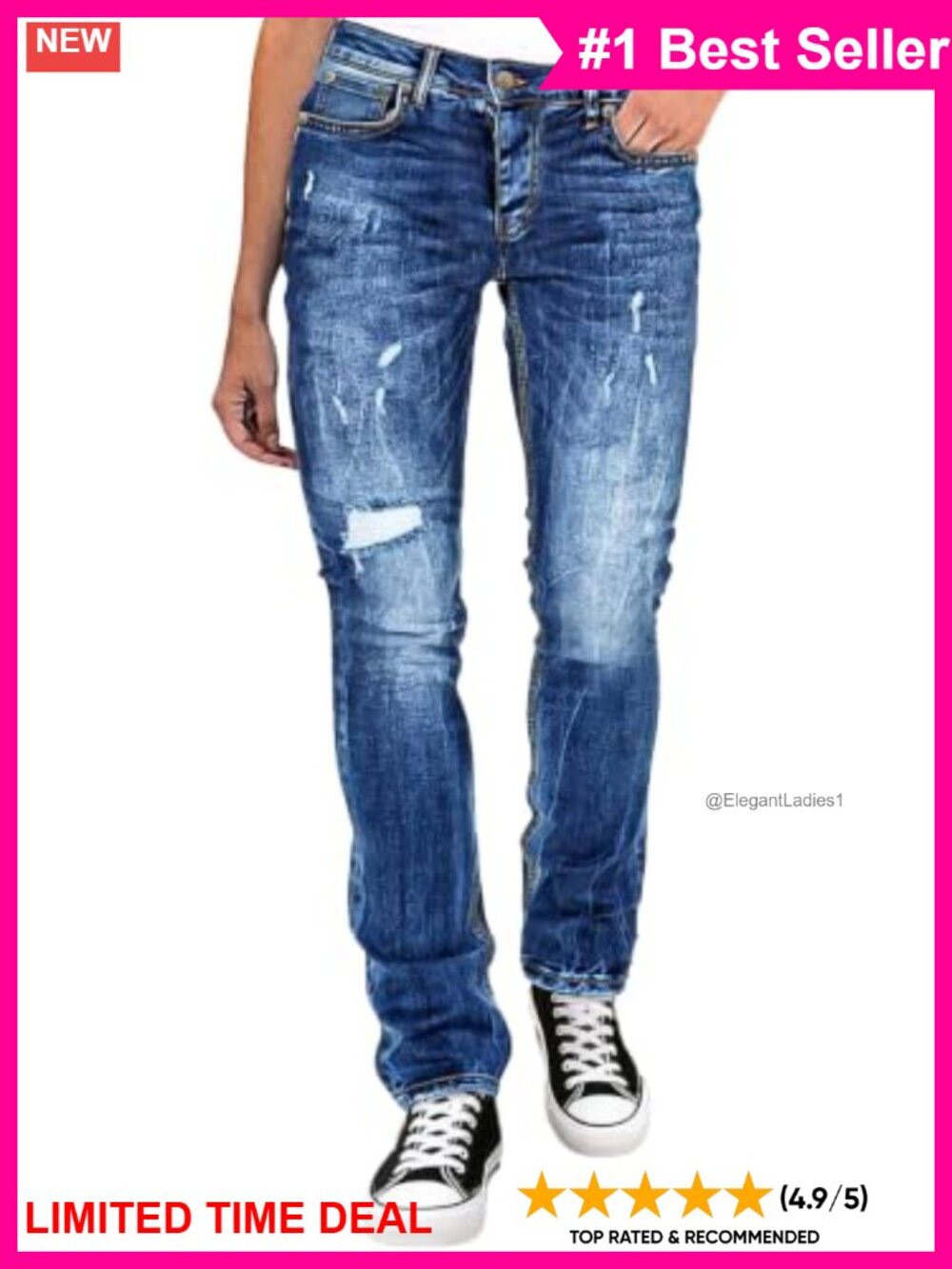 Mid Rise Ripped Straight Leg Jeans Stretch Denim Casual